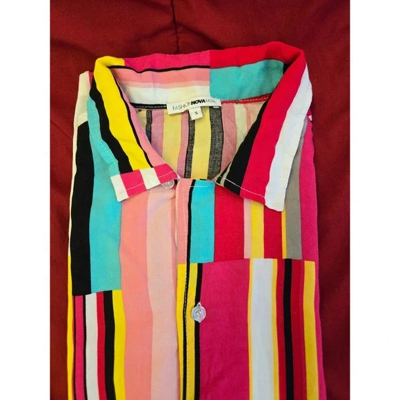 Fashion Nova Men's S Multi Color Block Striped Button-Up Shirt - Picture 6 of 6